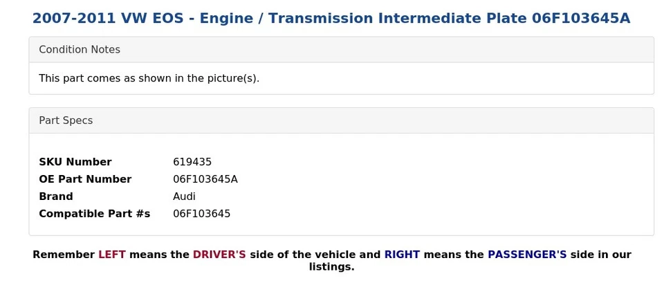 VW EOS 2007-2011 - Placa intermedia motor/transmisión 06F103645A Foto 3 de 4
