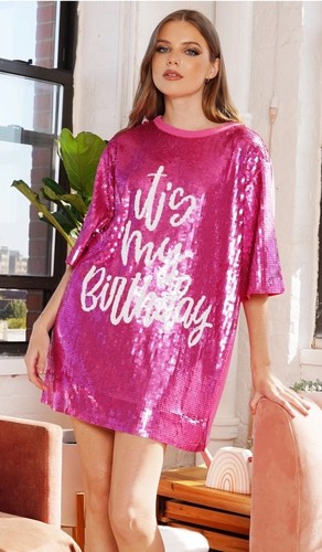 WHY Dress It’s My Birthday Pink Sequin Shirt Dress  Party Graphic OS Womens READ