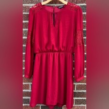 NWT $70 Express Red Lace Shoulder/Arm Long Sleeve Cocktail Party Mini Dress, M!