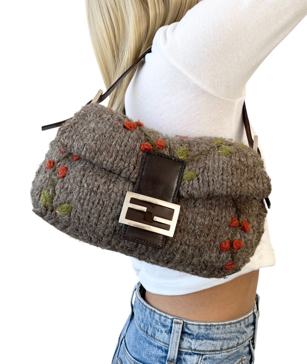 FENDI Vintage FF Mamma Baguette Wool Knit Shoulder Bag Gray Brown