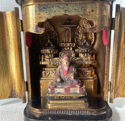 Antique Buddhist Nichiren Wooden Statue Edo 19th C Japanese Zushi Altar 6.5 in