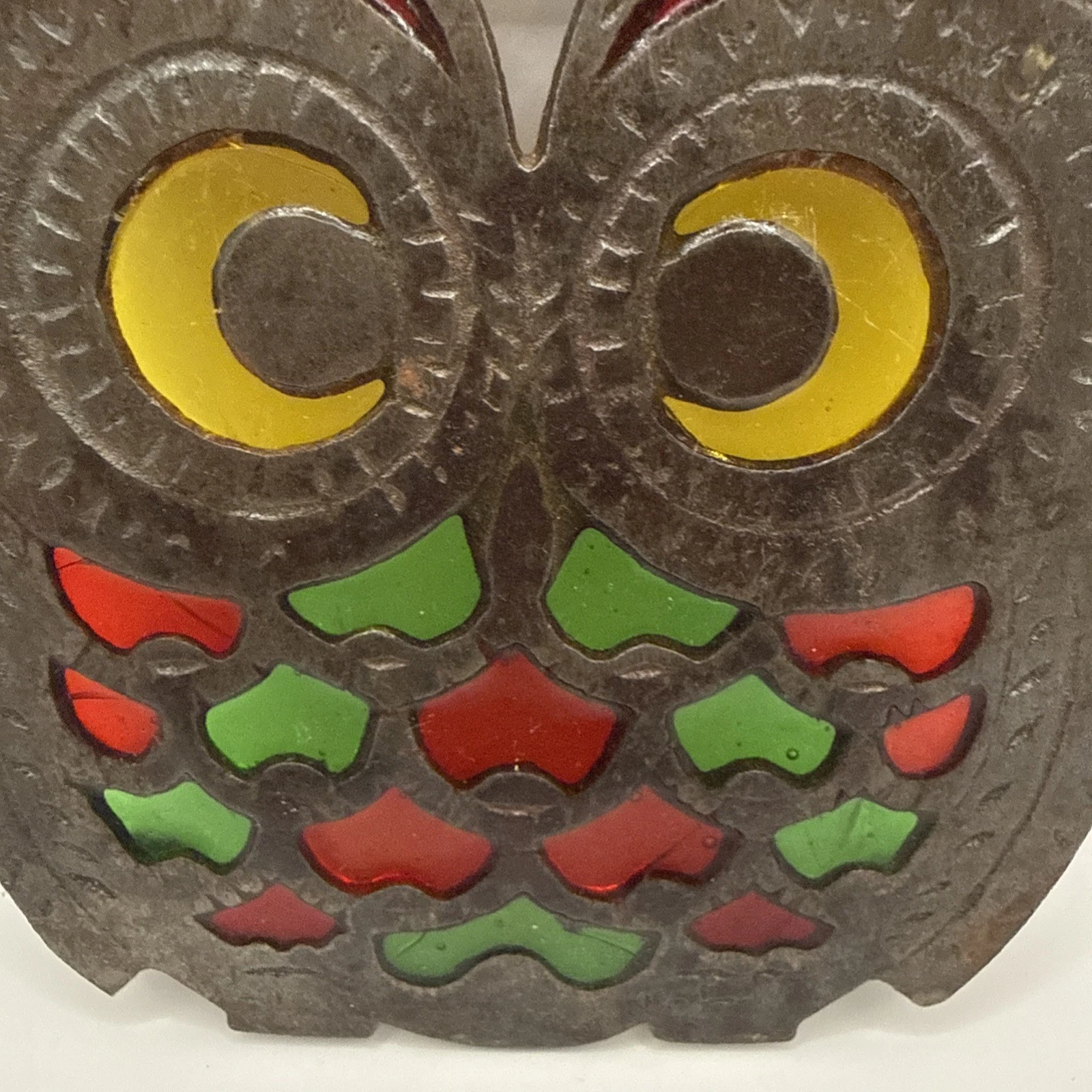 VTG MCM Cast Iron & Stain Glass Owl Trivet 60-70s Kitschy Decor - product detail image 4