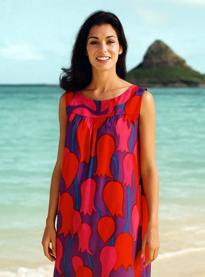 MAKAMAE O HAWAII Vintage 70s Women's A-line Sleeveless Dress - Sz M/L Pop Tulips - Image 3 of 4