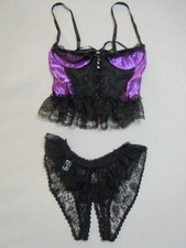 VTG Fredericks of Hollywood Black Purple Lace Corset Bustier Crotchless Panties