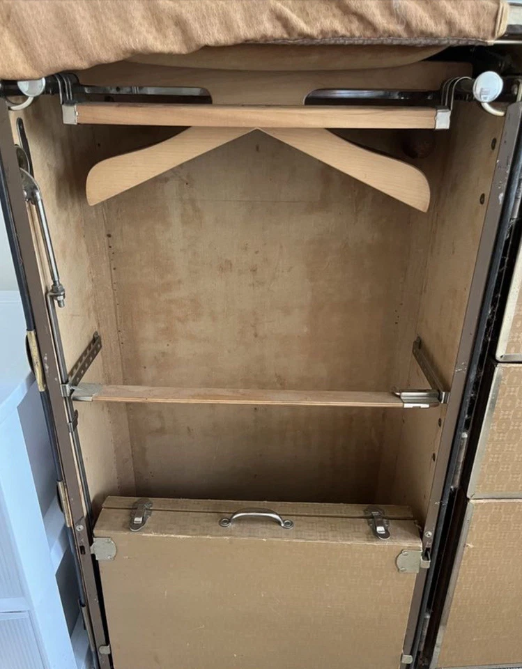 Antique Wheary Cushioned Top Vertical-Standing Wardrobe Steamer Trunk Tan, 1920s - Image 2 of 4