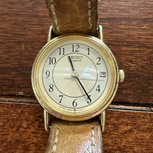 1987 Seiko Quartz Watch 3E22-0089 Japan Gold Tone Round Case w/ Date ~ It Works!