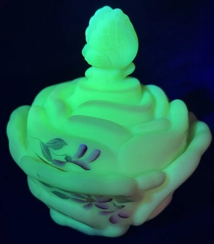 Fenton Uranium Burmese Rose w/ Butterfly Lid Candy Trinket Dish D. Frederick VGC