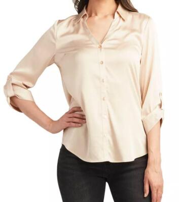 Bcx Juniors' Satin Roll-Tab-Sleeve Button-Down Blouse - Champagne, MD ESF18810