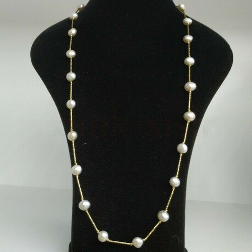 Long 25" AAA+ 9-10MM natural south sea white pearl necklace 14k gold - Picture 1 of 4