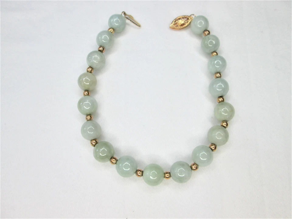 Pulsera vintage de cuentas y jadeíta de oro amarillo de 14k, 7,75", firmada Foto 2 de 4