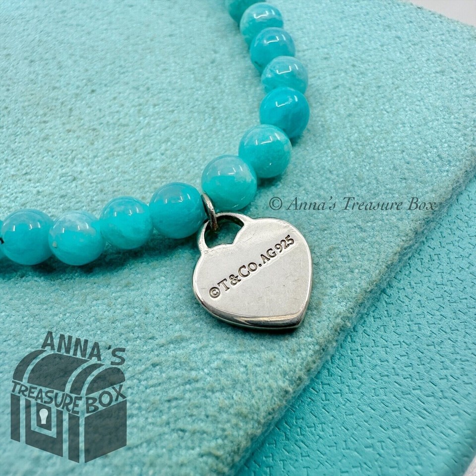 Tiffany & Co. 925 Silver Mini RTT Heart 4mm Amazonite 7" Bracelet (box