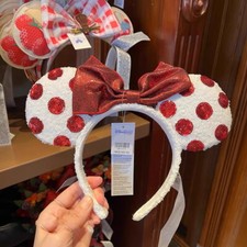 Disney Parks White Sequins Red Polka Dot Minnie Mickey Ears Red Bow Headband