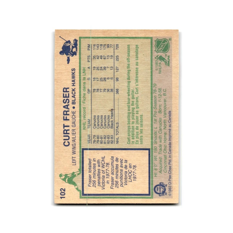 1983 O-Pee-Chee Curt Fraser Chicago Blackhawks #102 - Image 2 of 3