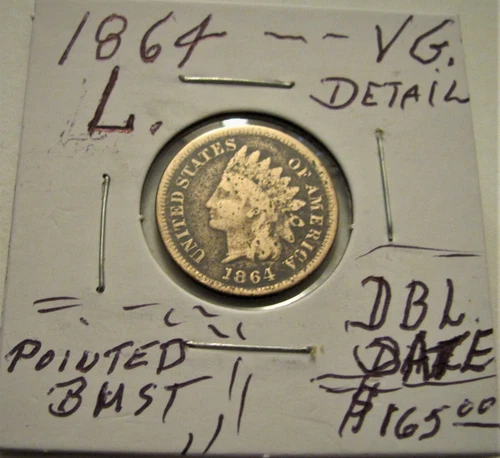 1864 L.POINTED BUST DBL.DATE INDIAN HEAD CENT PENNY LOT(VG. DETAIL)