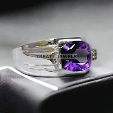 Amethyst Cushion Cut Gemstone With 925 Sterling Silver Ring For Men's #60