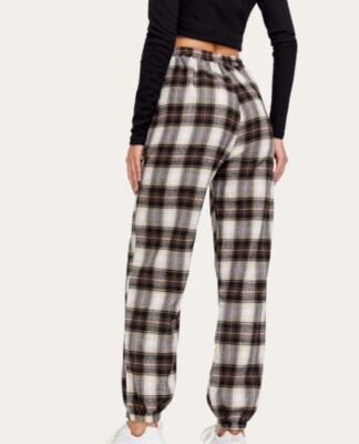 Womens Plaid Joggers Elastic Waist Women Brown White Size S Loose Relaxed  Fit