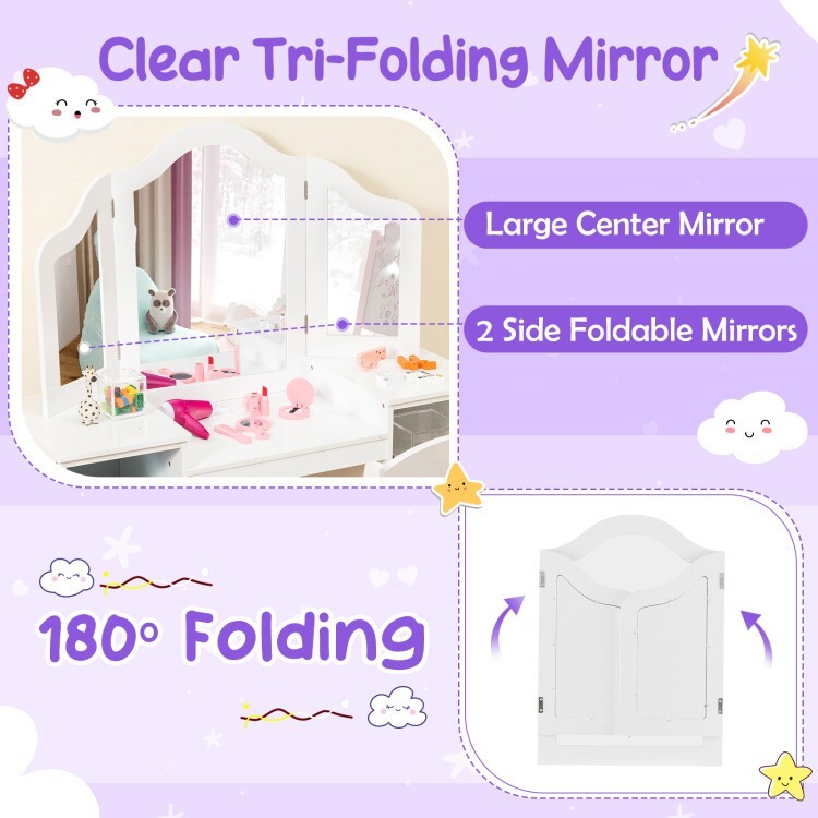 Kids Vanity Table Chair Set Princess Shelves Organizer Desk W/Tri-Folding Mirror