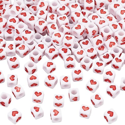 OLYCRAFT 200Pcs 6mm White Red Heart Bead Acrylic Cube Heart Beads with 3mm Ho...