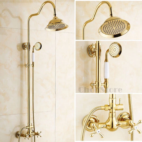 Polished Gold Bathroom Rain Shower Head Faucet Round 8" Shower Hand Spray Kit