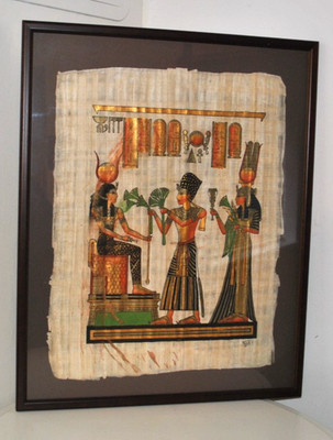 Vintage ''König Ramses II. & Hathor'' gemalte Kunst auf Papyrus - ägyptische Kunst gerahmt GC