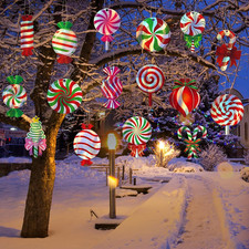 16 Pcs Christmas Candy Reflective Hanging Ornaments Outdoor Double Sided Lawn De