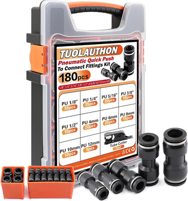 180PCS Push to Connect Air Fittings Kit, Imperial 1/8'',1/4'',5/16'',3/8'',1/2'' & Me