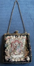 Vintage Petit Point Tapestry Purse Handbag Austria Victorian Couple Angels Black