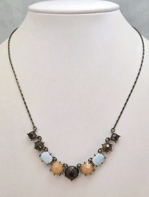 Faux Stone Orange Brown White Opalescent Faceted Dark Brass Tone Metal Necklace