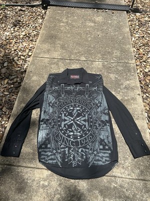 Rock & Roll Cowboy purple pearl snap. Black cross rap around graphic design SZ M