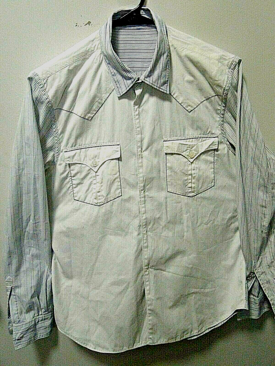 COMME DES GARCONS SHIRT REVERSIBLE BLUE PINSTRIPE TO WHITE SOLID