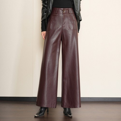 Fashion High Waist Wide Leg Leather Pants Women's New Winter Loose Leather Pants - Picture 25 of 26