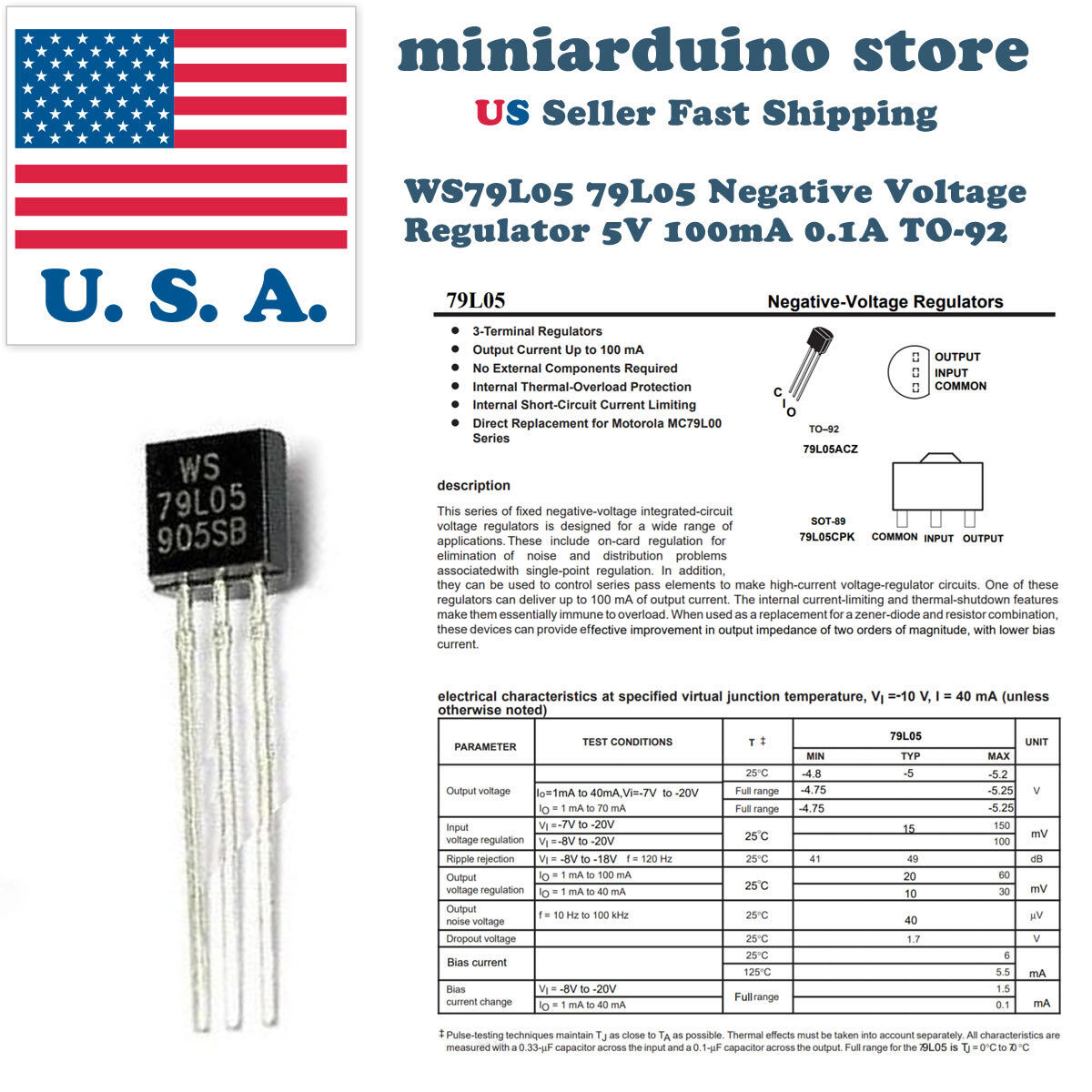 10pcs WS79L05 79L05 L79L05ACZ L79L05 Negative Voltage 10pcs WS79L05 79L05 L79L05ACZ L79L05 Negative Voltage