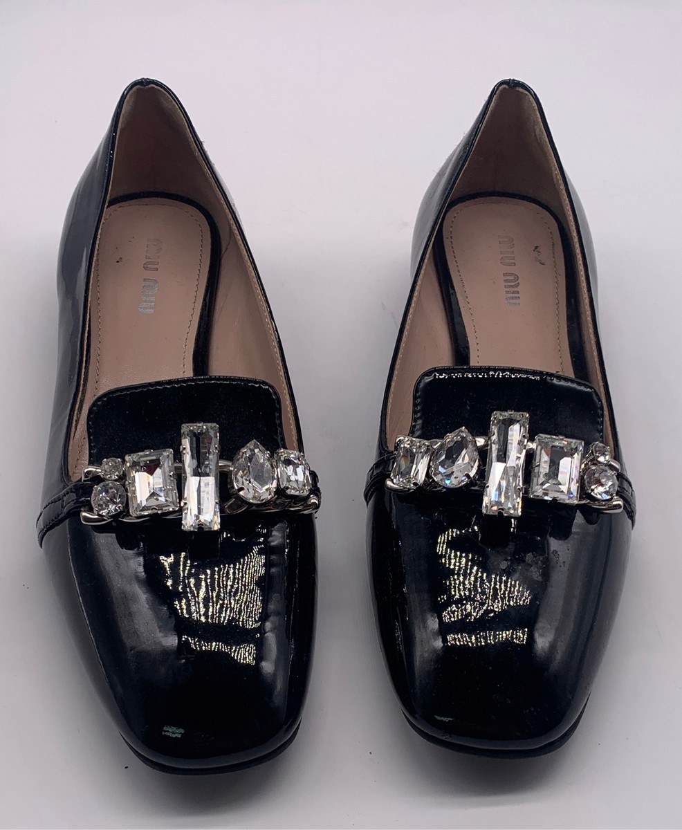値下げ miu miu ブラック グリッター ラメ ローファー Miu Miu Womens Black Patent Leather Crystal Embellished