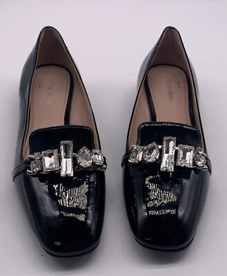 値下げ miu miu ブラック グリッター ラメ ローファー Miu Miu Womens Black Patent Leather Crystal Embellished