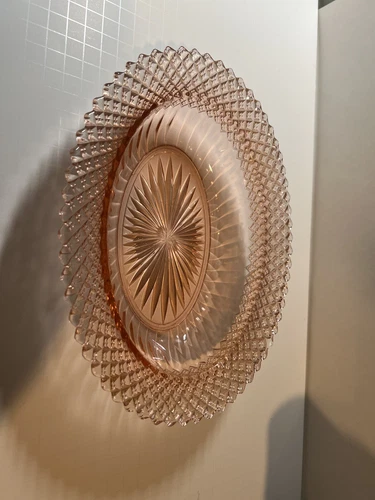 VTG  Miss America pink depression glass oval platter, diamond cut pattern 10 1/4
