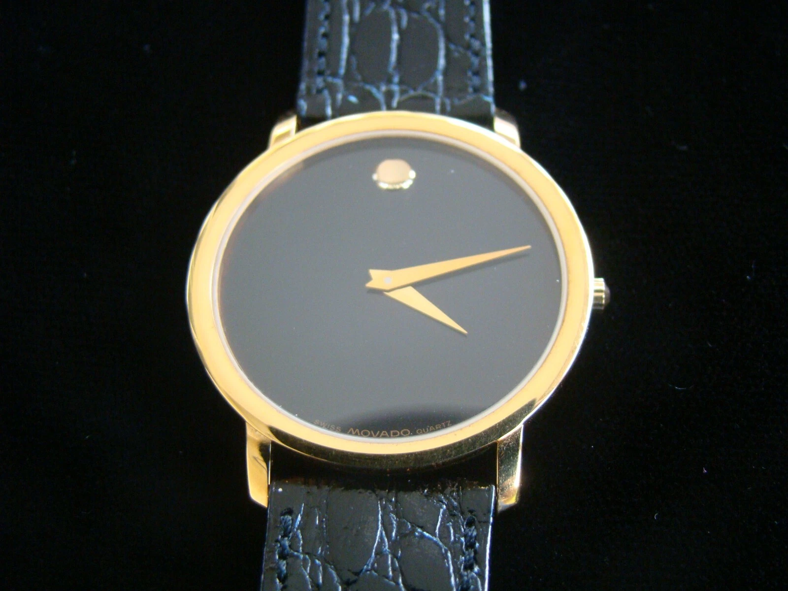 Zenith — STUNNING NOS VINTAGE MOVADO MUSEUM YELLOW GOLD PLATE BLACK DIAL WATCH + BOX CASE