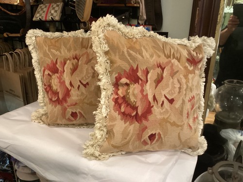RARE PAIR OF FRENCH NEEDLEPOINT FLORAL PILLOWS WITH FRINGE MUST SEE NO RES