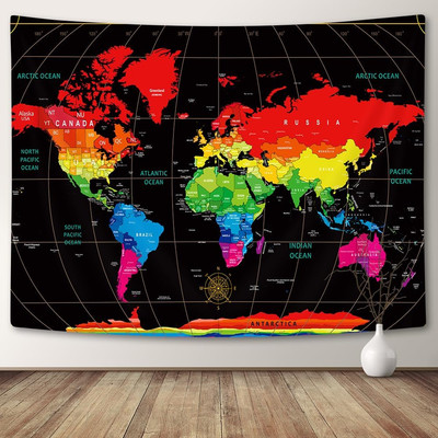 World Geographical Distribution Tapestry, Colorful World Map for Bedroom Living