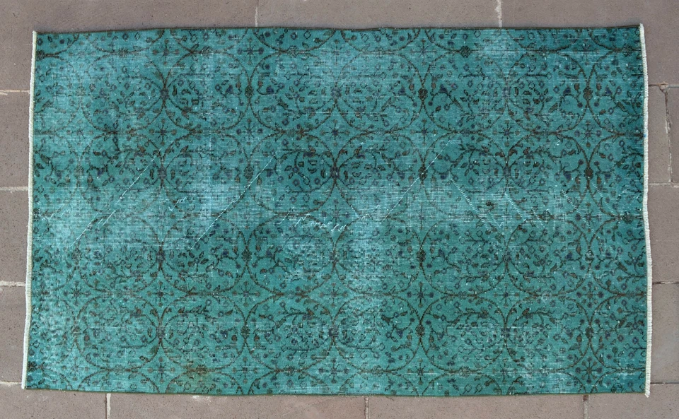 Турецкий ковер 44 дюйма x 75 дюймов БИРЮЗОВЫЙ ПЕРЕКРАШЕННЫЙ винтажный ручной вязки перекрашенный небольшой ковер  - Изображение 4 из 4