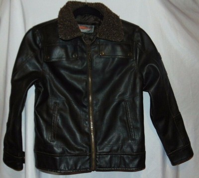 5-6, Brown London Fog Little//Big Boys Faux Leather Aviator Style Outerwear Jacket