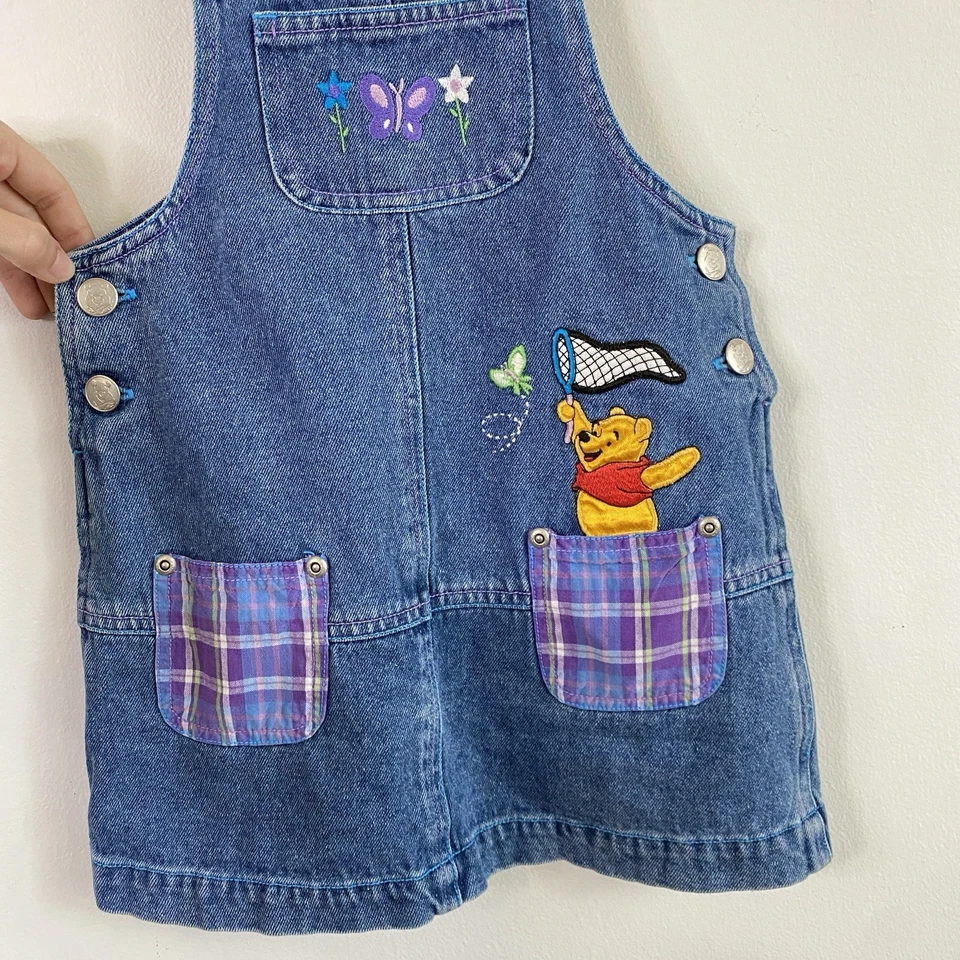 Vintage 90s Winnie The Pooh Denim Butterfly Embroidered Overall Dress 4T 5T - Image 4 of 4