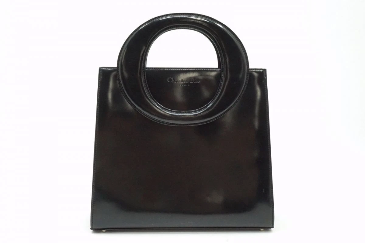 Sac à main fourre tout Christian Dior vintage poignée ovale logo cuir verni noir 1960h
