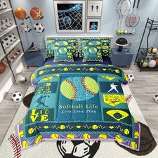 7 Piece Softball Comforter Set with Sheets for Girls Full Teal Yellow