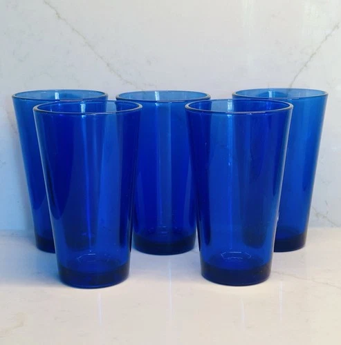 Set of 5 Libbey Cobalt Blue Heavy Glass Tumblers Glasses 5.75”H￼