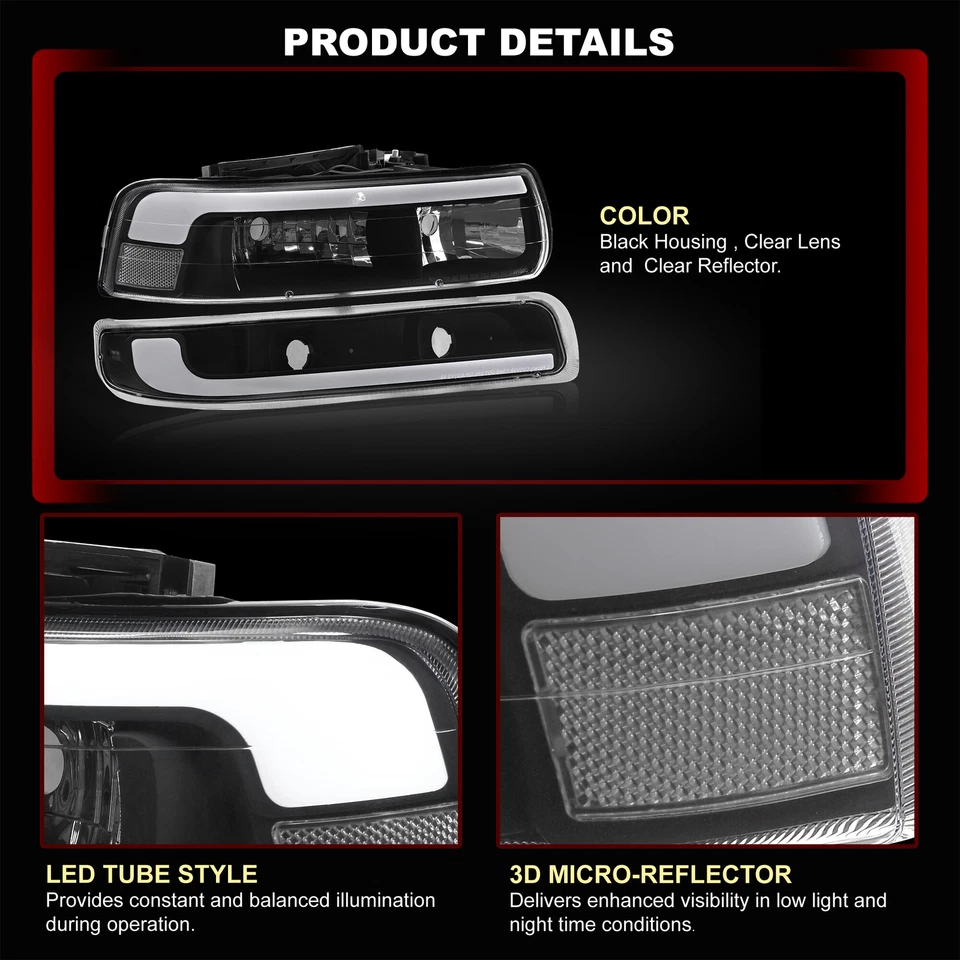 Farol LED DRL preto + lâmpada de sinalização para 1999-2002 Silverado 1500 2500 HD 3500 - Imagem 3 de 4