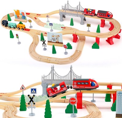Holzeisenbahn Set für Kleinkinder, 72 Teile Zug Schienen Spielzeug, Eisenbahn Set, Magnetschiene