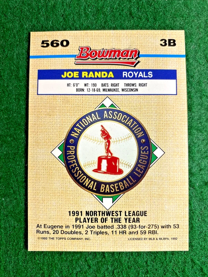 1992 Bowman No569 RC золотая фольга Joe Randa Kansas City Royals MLB - Изображение 2 из 2