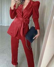 Tailleur completo donna giacca pantaloni 2 pezzi fashion rosso cintura T072