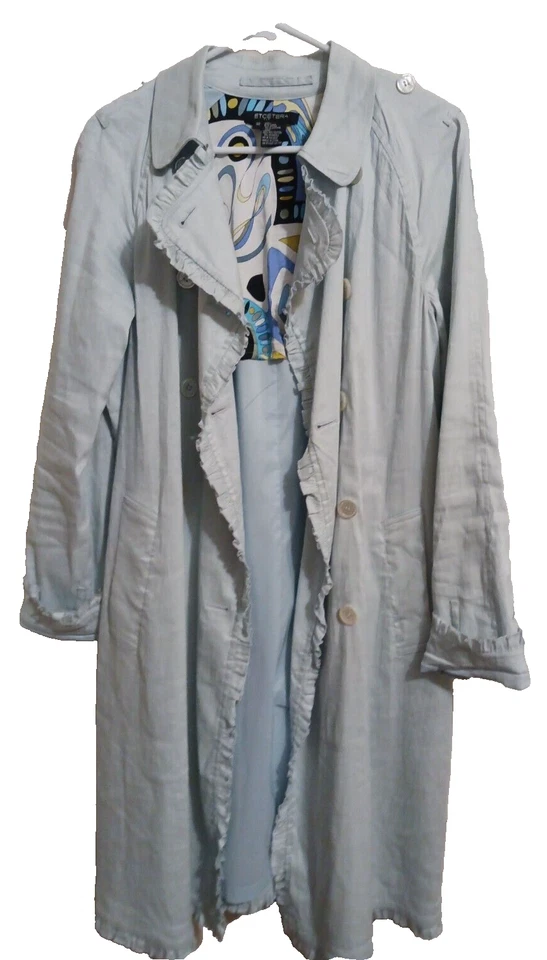 CHAQUETA LARGA ETCETERA LINO MUJER BEBÉ AZUL VOLANTES RIBETE BOTONES TALLA. 10 Foto 2 de 4