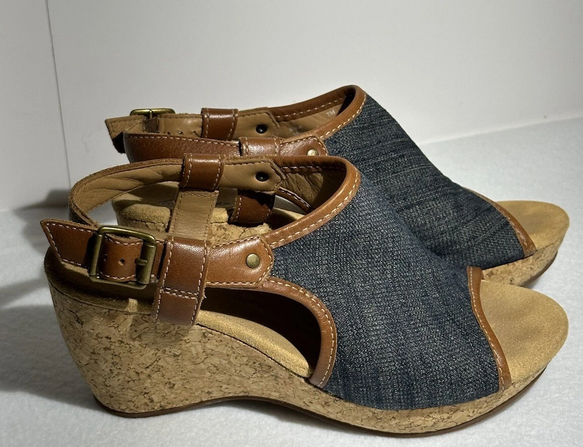 Sandalo da donna blu Clarks Artisan Sughero zeppa taglia 7M denim punta aperta